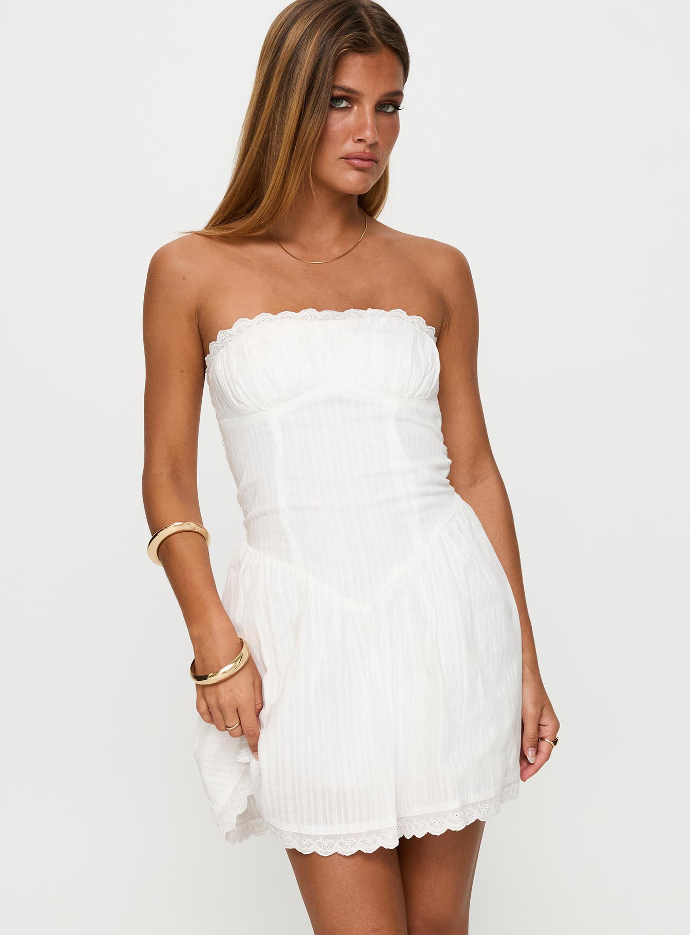 front view of model wearing Princess Polly Mirella Strapless Mini Dress White Straight Neck 