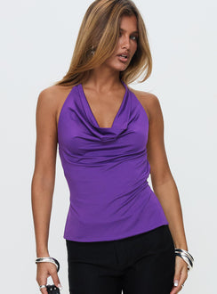 front view of model wearing Princess Polly Charls Cowl Neck Backless Top Purple Sleeveless Cowl 
