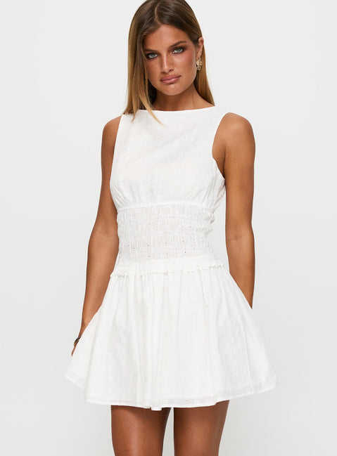 front view of model wearing Princess Polly Yennifer Shirred Broiderie Mini Dress White Crew Neck 