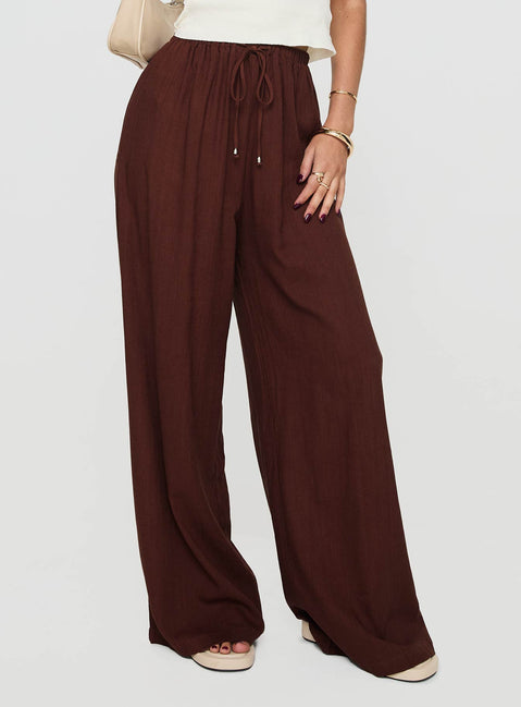 front view of model wearing Princess Polly Ogilvie Linen Blend Pants Chocolate High Waisted Pants 