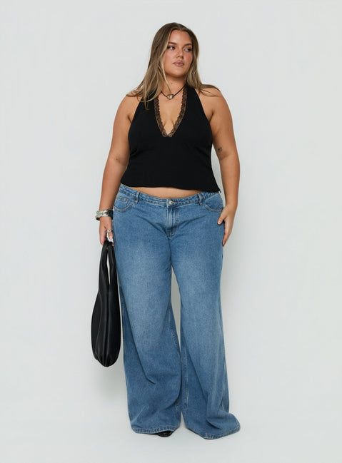 No Pressure Lace Trim Halter Top Black Curve