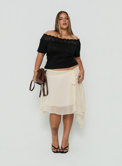 Showcasing the Ophella Tie Waist Chiffon Midi Skirt Cream Curve in womens-skirts with midi length Princess Polly