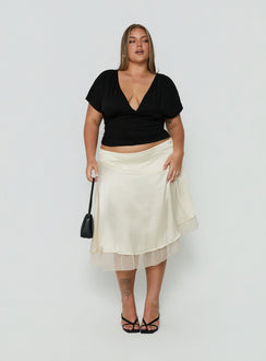 Featuring the Rosemead Satin Midi Skirt Cream Curve in womens-skirts with midi length detail view of model wearing