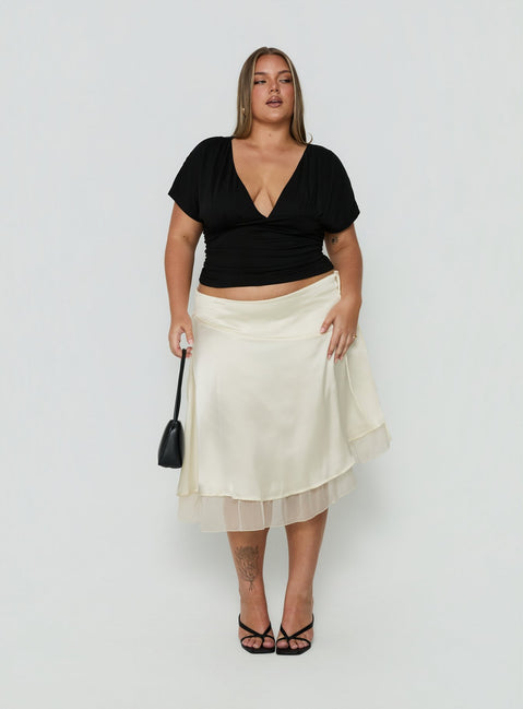 Featuring the Rosemead Satin Midi Skirt Cream Curve in womens-skirts with midi length detail view of model wearing