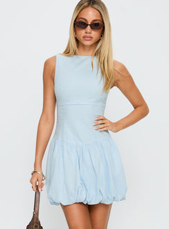 front view of model wearing Princess Polly Cicely Bubble Hem Mini Dress Blue Crew Neck 