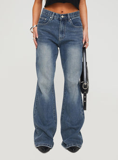 front view of model wearing Princess Polly Hanlen Jean Blue High Waisted 