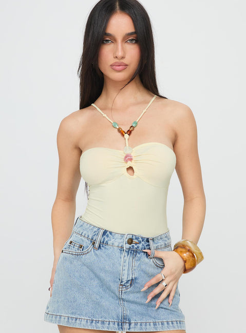 front view of model wearing Princess Polly Kianu Beaded Bodysuit Lemon Sleeveless 