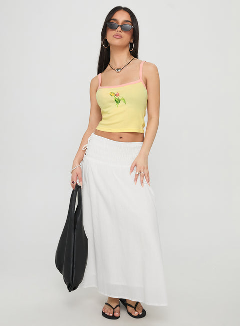   side view of model wearing Princess Polly Vence Ruched Maxi Skirt White Maxi 