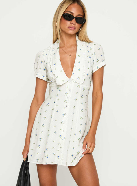front view of model wearing Princess Polly Fabiola Collared Mini Dress Floral Plunger 