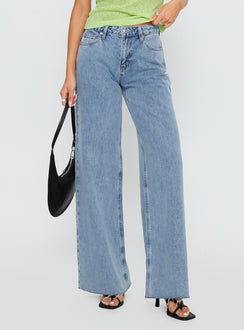 back view of model wearing Princess Polly Darla Low Rise Straight Jean Vintage Blue Wash Low Rise Jeans 