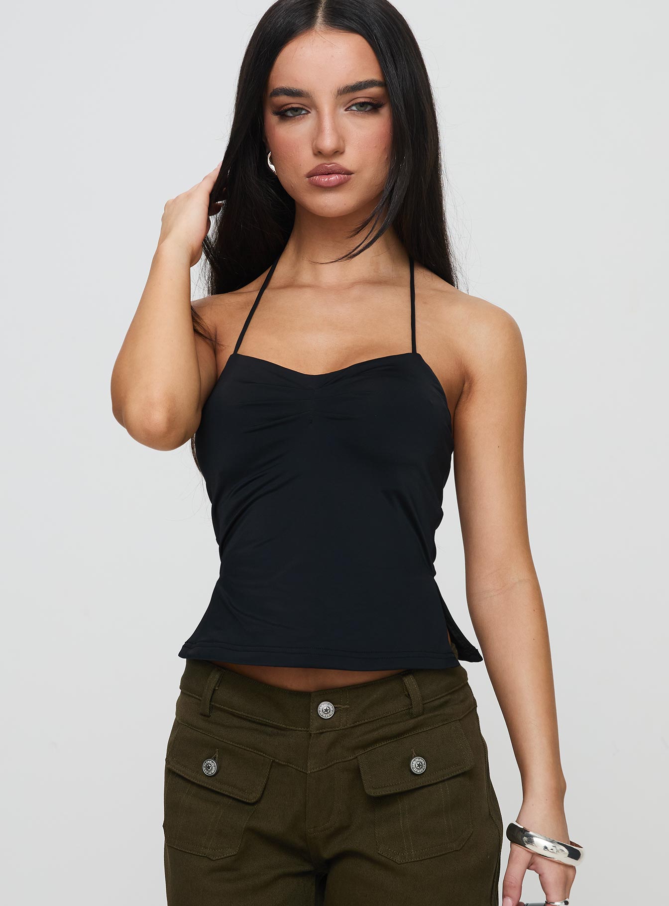 front view of model wearing Princess Polly Rehna Halter Top Black Sleeveless Sweetheart 