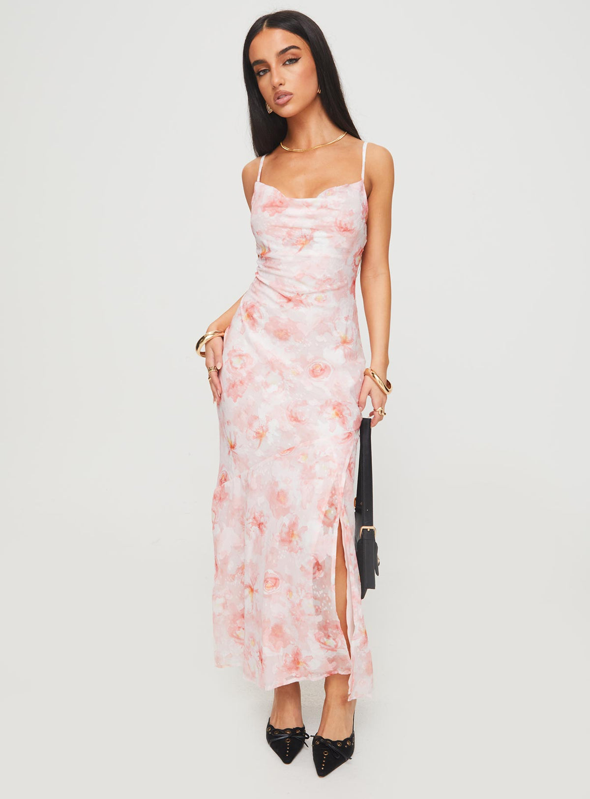 front view of model wearing Princess Polly Mafalde Maxi Dress Pink Cowl Neck 