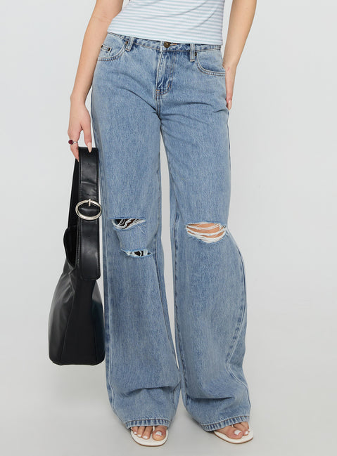 back view of model wearing Princess Polly Kadison Low Rise Straight Leg Jeans Mid Wash Blue Low Rise Jeans 
