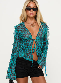 front view of model wearing Princess Polly Holidaze Long Sleeve Top Zebra Full Sleeves Plunger 