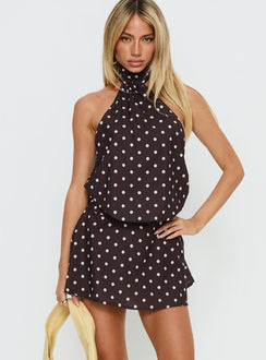 Natalea High Neck Romper Brown / White Polka