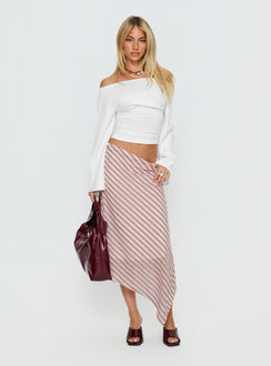   side view of model wearing Princess Polly Gwenora Asymmetrical Midi Skirt Pink Stripe Midi Skirts 