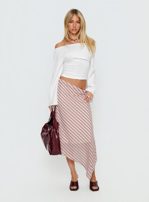   side view of model wearing Princess Polly Gwenora Asymmetrical Midi Skirt Pink Stripe Midi Skirts 