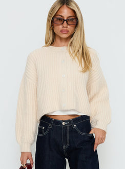 front view of model wearing Princess Polly Hadly Knit Cardigan Cream Cropped Jumpers 