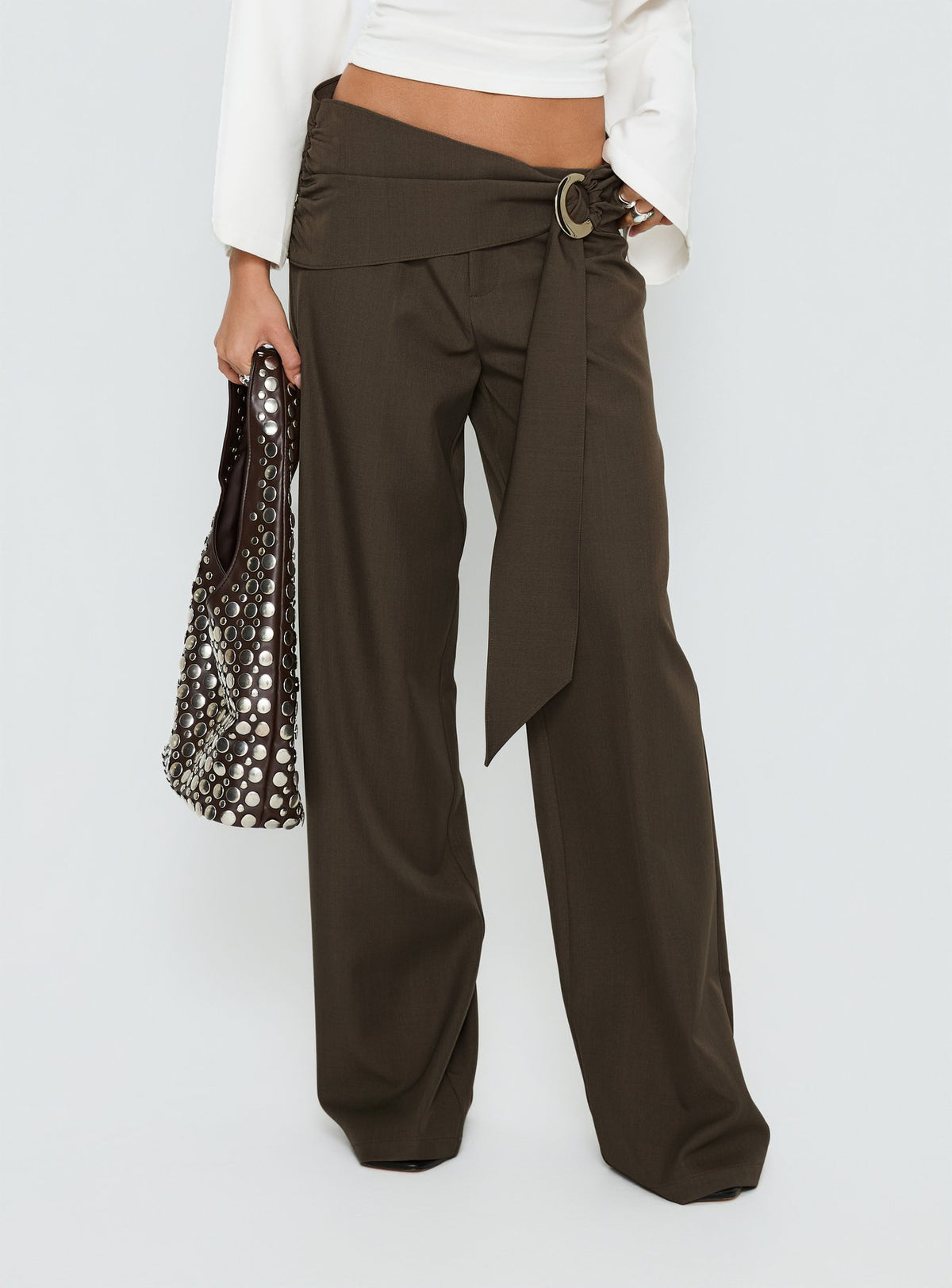 back view of model wearing Princess Polly Elisson Layered Buckle Pants Grey Mid Rise Pants 