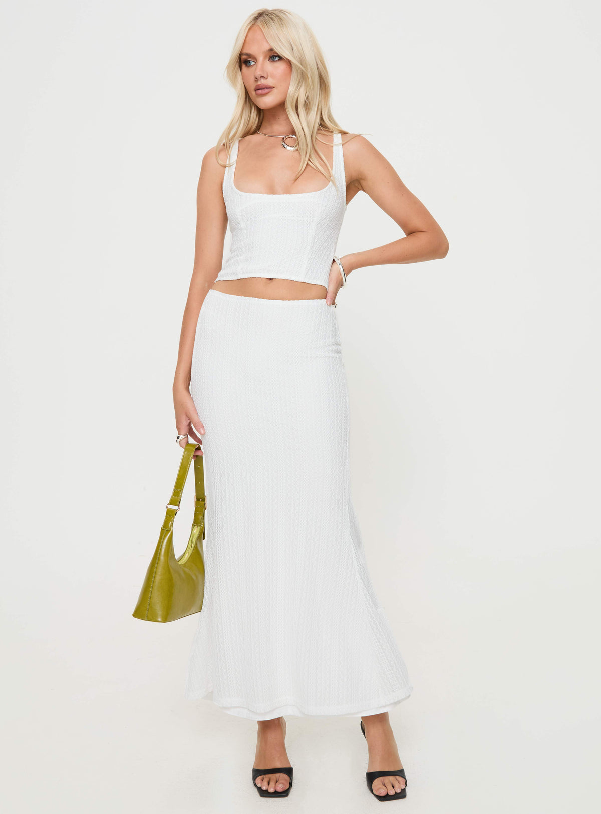 White Matching set Knit material, scooped neckline, invisible zip fastening, split in hem at back