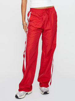 back view of model wearing Princess Polly Keli Track Pants Red / White High Waisted Pants 