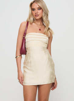 front view of model wearing Princess Polly Busiate Strapless Mini Dress Champagne Straight Neck 