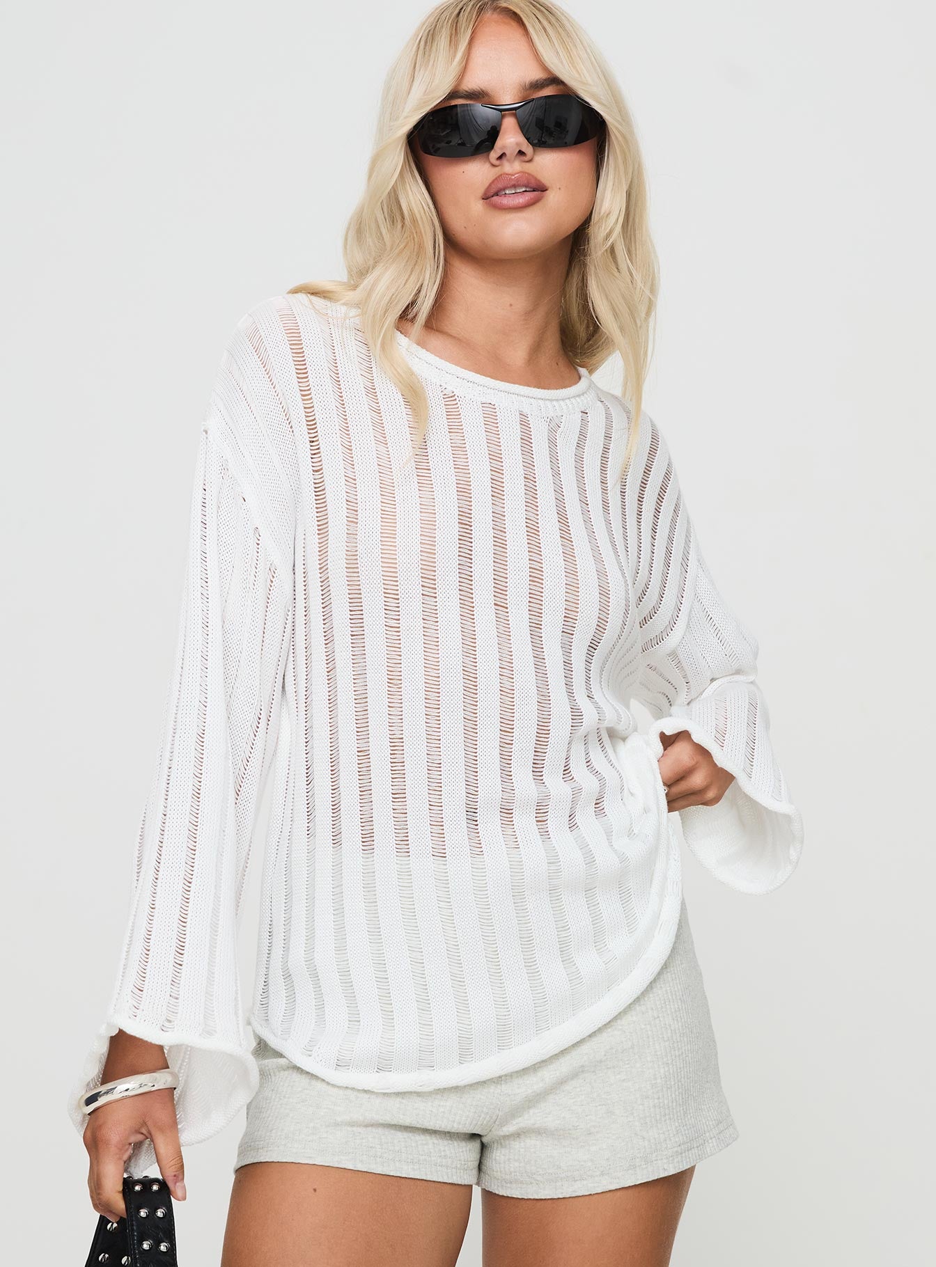 front view of model wearing Princess Polly Ambra Sweater White 