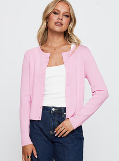 front view of model wearing Princess Polly Old Burlington Knit Cardigan Pink Cropped 