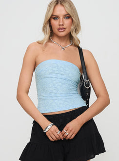 front view of model wearing Princess Polly Off To Amalfi Strapless Top Blue Sleeveless straight 