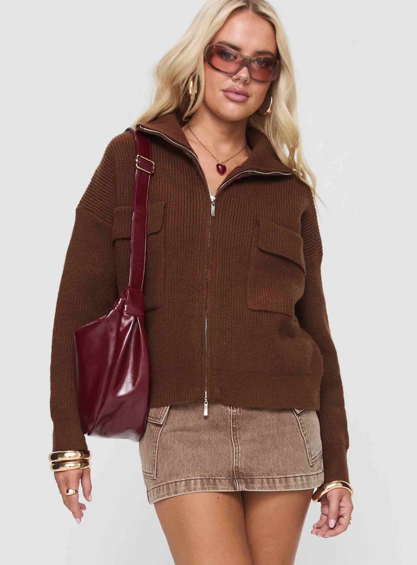 front view of model wearing Princess Polly Too Busy Zip Up Sweater Chocolate Cropped 