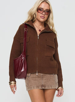 front view of model wearing Princess Polly Too Busy Zip Up Sweater Chocolate Cropped 