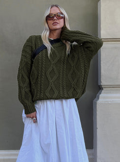 front view of model wearing Princess Polly Anaya Oversized Sweater Olive Longline Jumpers Jumpers 
