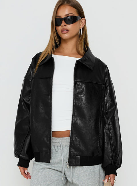 Goldsmith Faux Leather Bomber Jacket Black