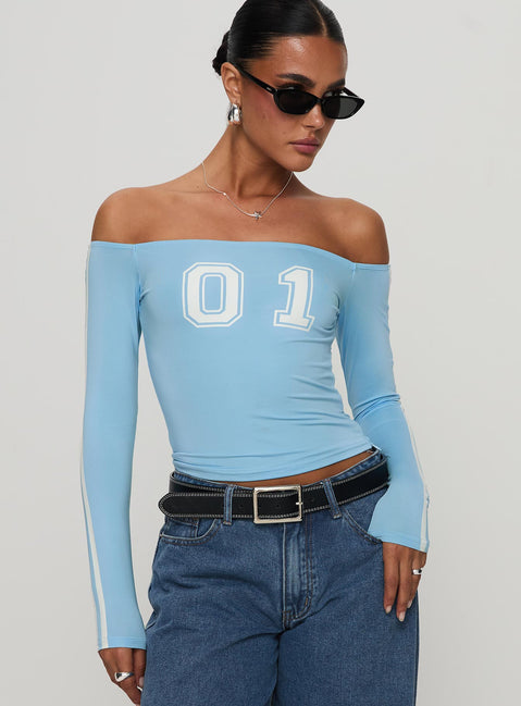 front view of model wearing Princess Polly One And Only Long Sleeve Top Blue Full Sleeves straight 