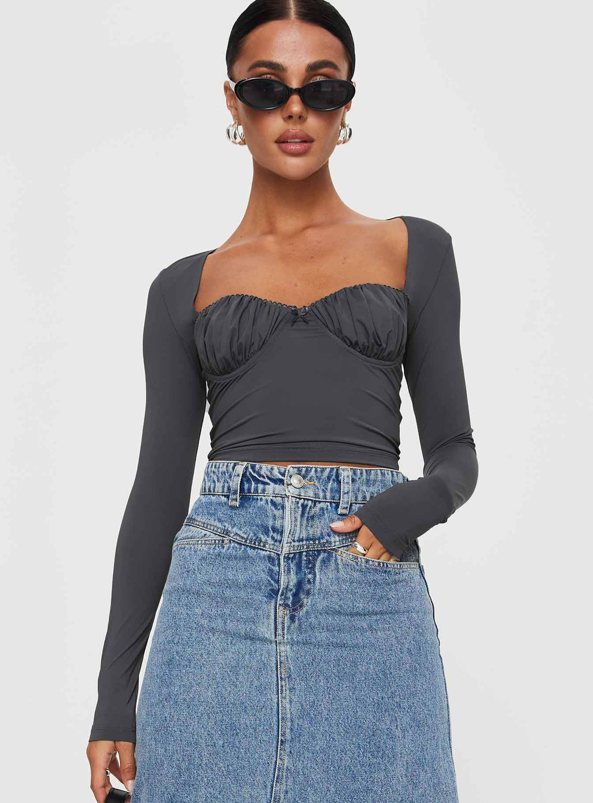 product Princess Polly Full Sleeves Sweetheart  Candyce Long Sleeve Top Slate