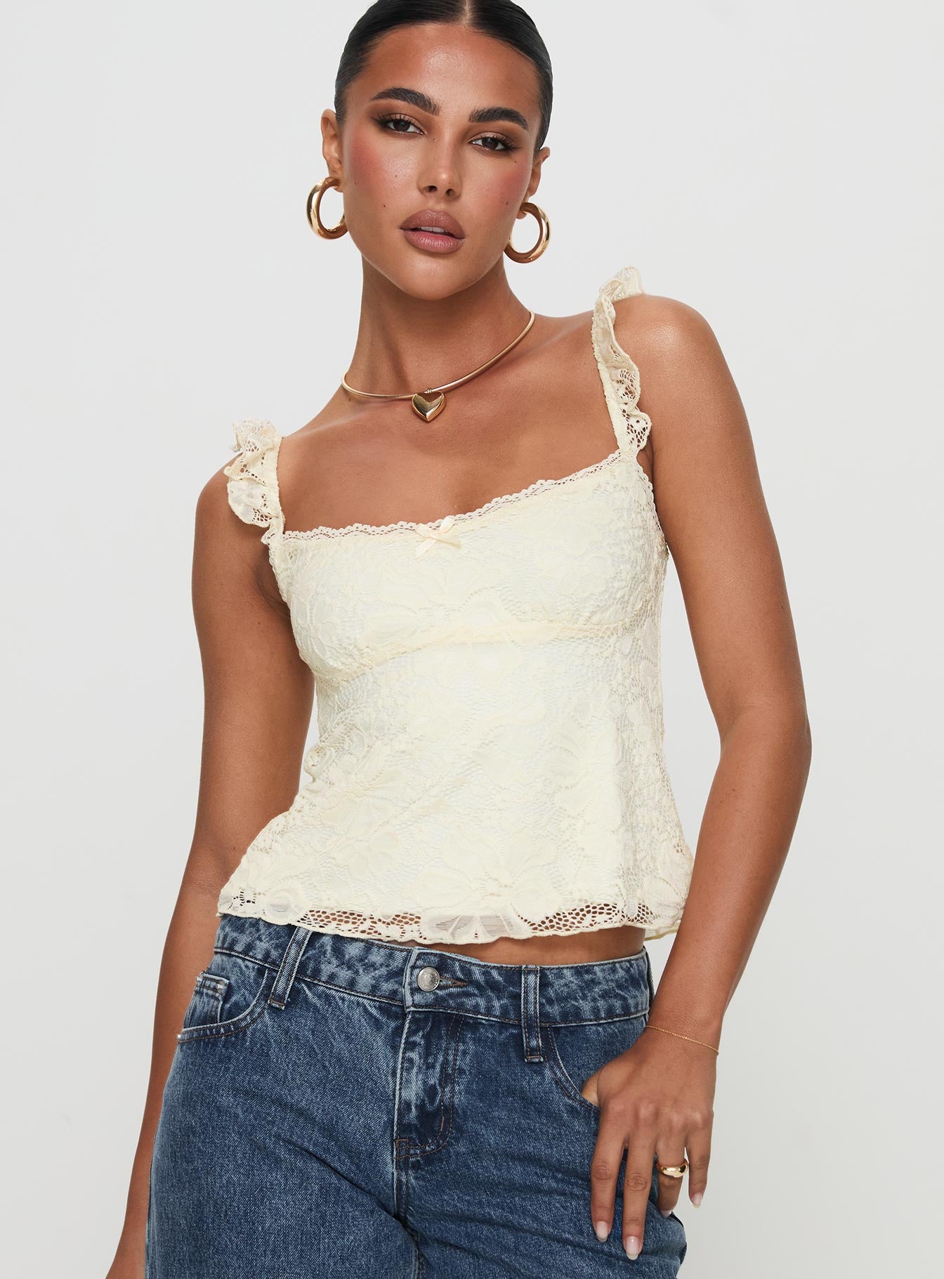 front view of model wearing Princess Polly Madaleine Lace Top Cream Sleeveless Square Neck 