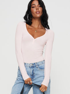back view of model wearing Princess Polly Delgado Long Sleeve Bodysuit Pink Long Sleeve Tops 