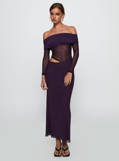front view of model wearing Princess Polly Soul Ties Long Sleeve Maxi Dress Purple Straight Neck 