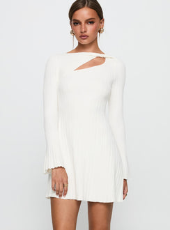 back view of model wearing Princess Polly Terraces Long Sleeve Mini Dress White High Neck 
