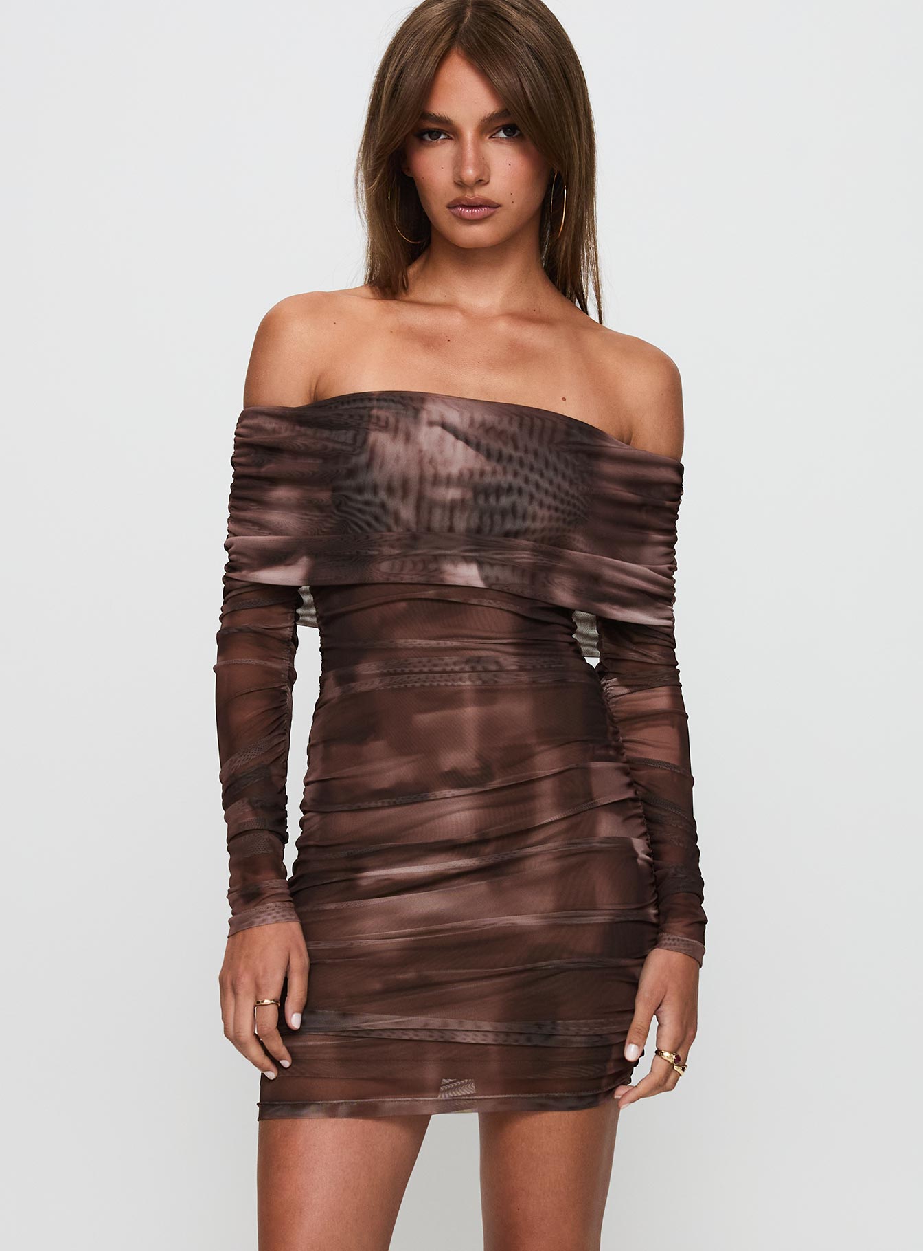 front view of model wearing Princess Polly Raquella Long Sleeve Mini Dress Brown Straight Neck 
