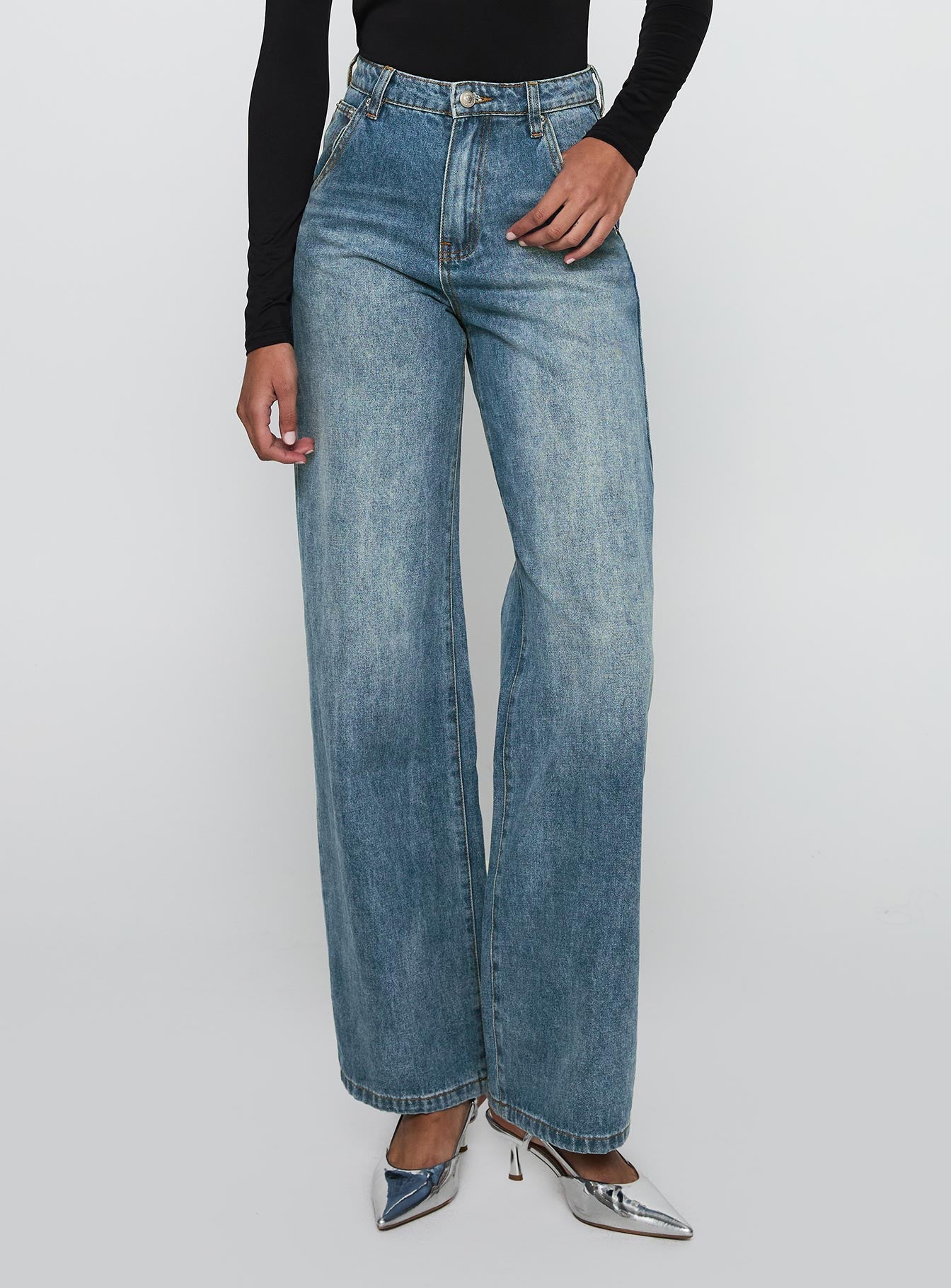 back view of model wearing Princess Polly Sacramento Straight Leg Jeans Mid Blue Denim High Waisted 