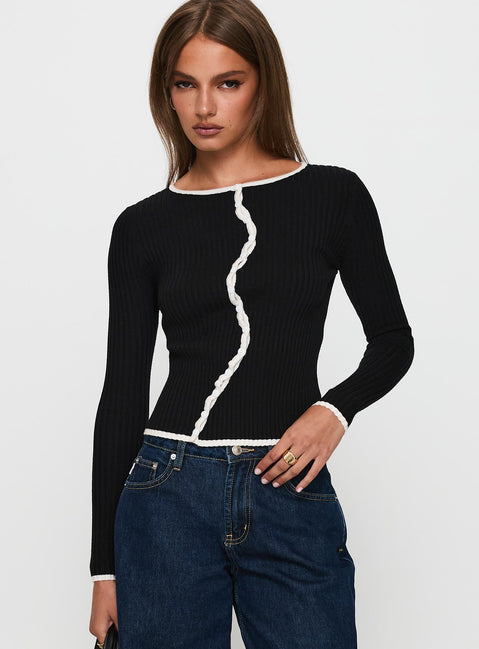 front view of model wearing Princess Polly Bring Me Closer Button Up Long Sleeve Top Black / White Full Sleeves Crew Neck 