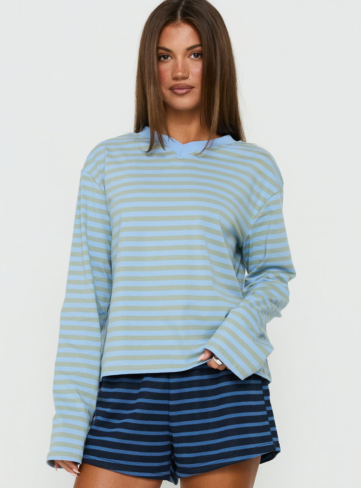 Viollette V Neck Long Sleeve Top Blue Stripe