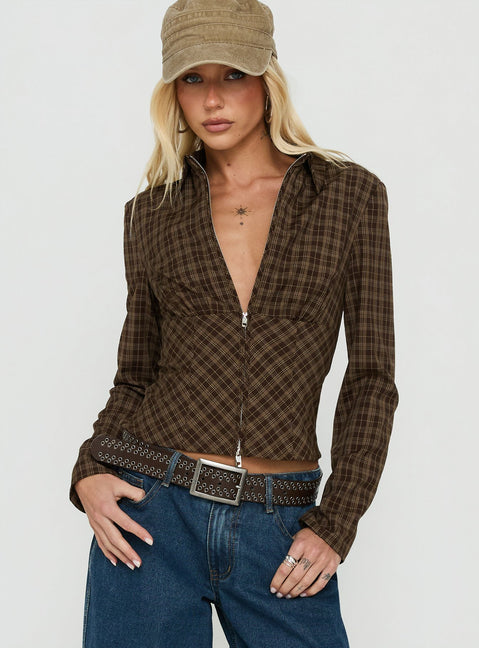 Kinori Long Sleeve Zip Down Top Brown Check