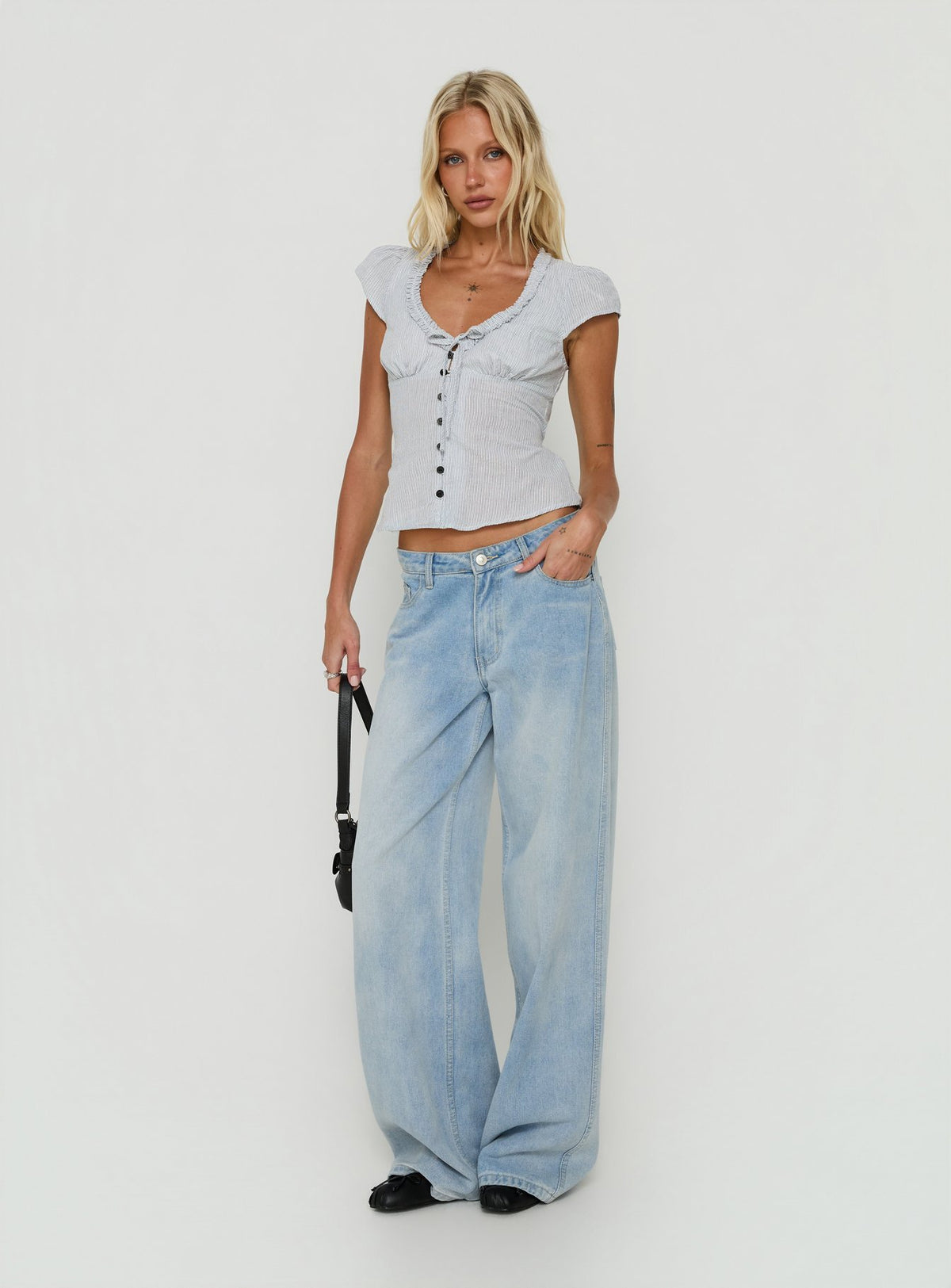 Kalysa Ruffle Short Sleeve Blouse Top Black Stripe