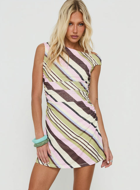 Simmon Off Shoulder Romper Pink / Green Stripe