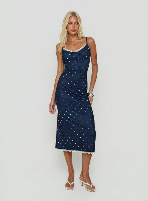 Delaney V Neck Frill Midi Dress Navy / White Polka