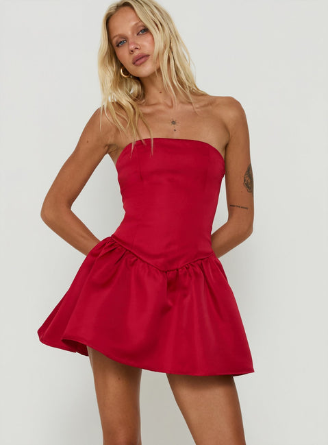 Soft Bloom Drop Waist Strapless Mini Dress Red