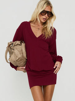 Solena Blouson V Neck Knit Mini Dress Burgundy