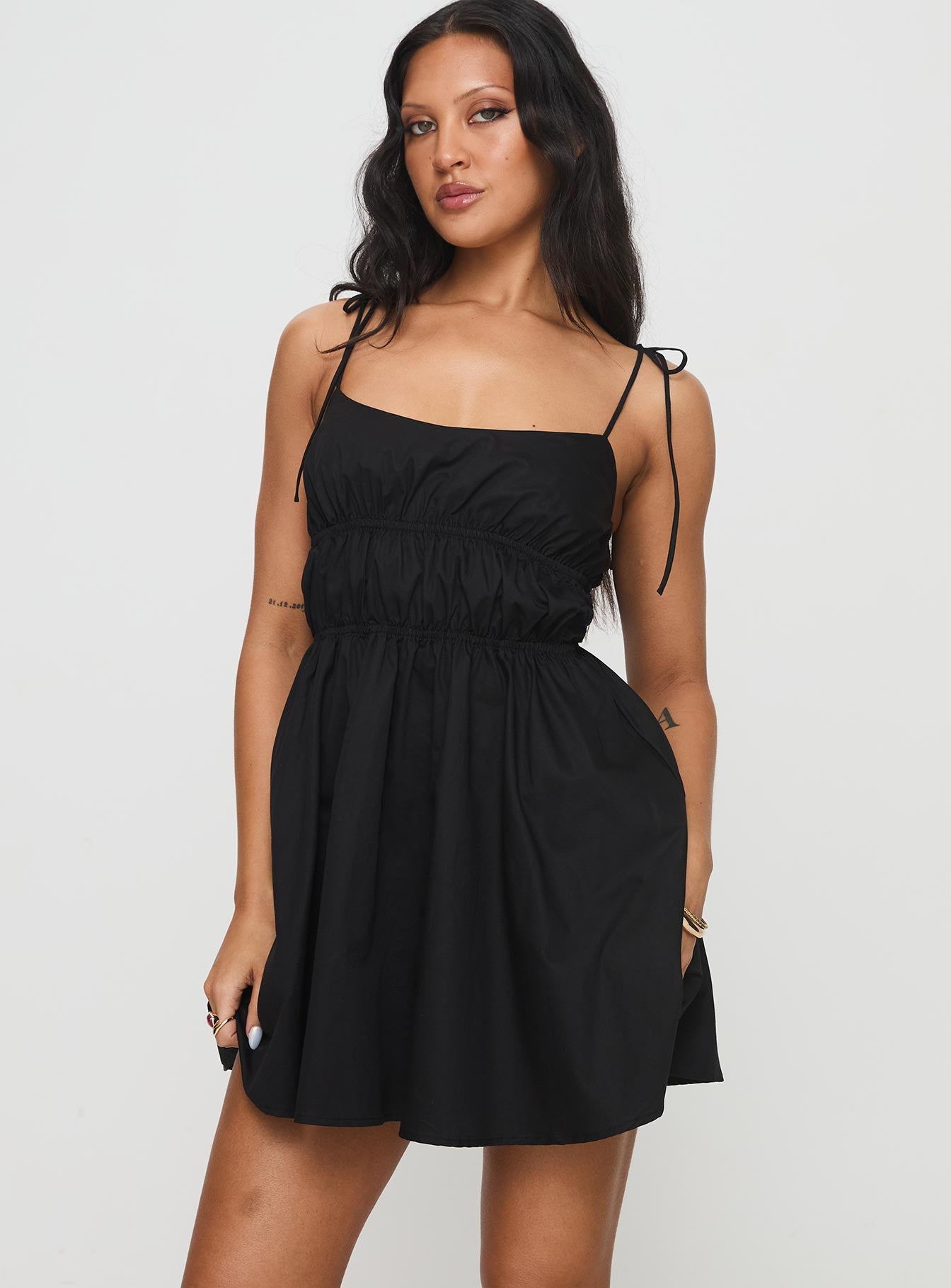 front view of model wearing Princess Polly Jacksonne Mini Dress Black Square Neck 